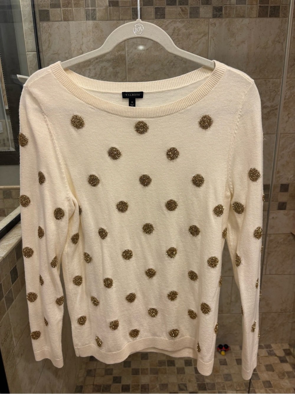 Talbots Cream Sweater with Gold Metallic Polka Dots